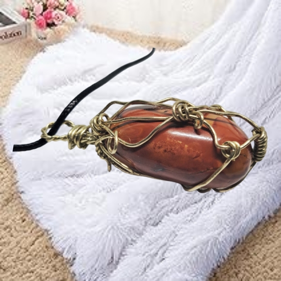 Jasper Hand Wired Pendant with Waxed Black Leather Necklace - Picture 3 of 7